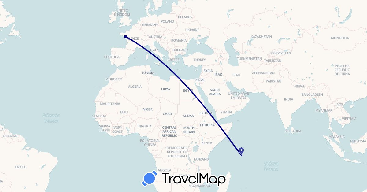 TravelMap itinerary: driving in France, Seychelles (Africa, Europe)