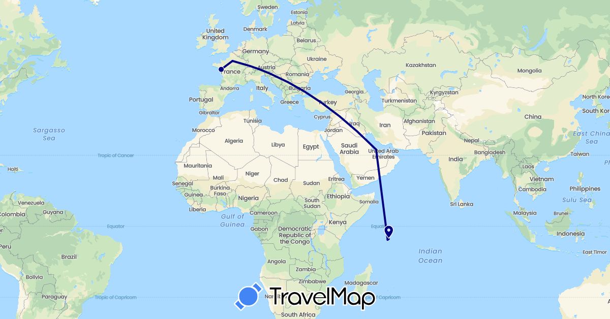 TravelMap itinerary: driving in France, Qatar, Seychelles (Africa, Asia, Europe)